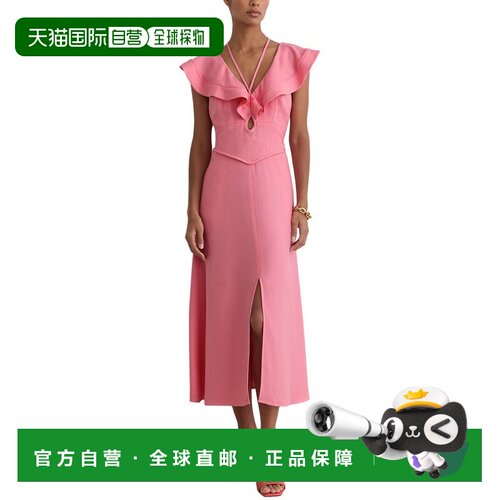 自营Reiss Giselle荷叶边领结钥匙孔中长款连衣裙-粉色 美国奥莱
