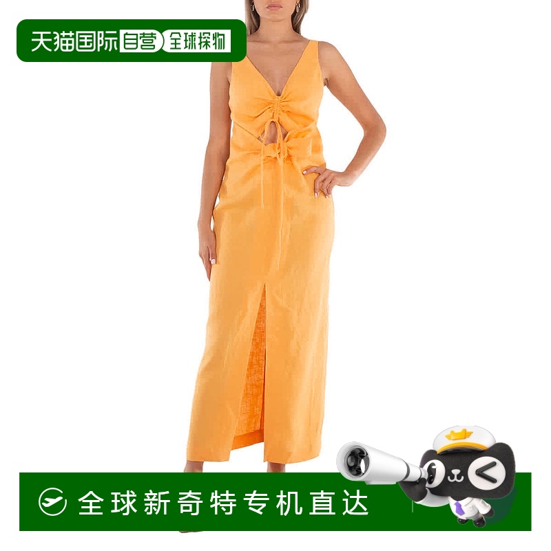 自营 Nanushka褶皱亚麻迷笛连衣裙-橙色 【美国奥莱】直发