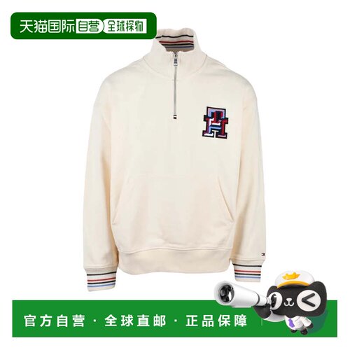 自营tommy hilfigerCream Cotton Men Zip Neck Sweatshirt - neu