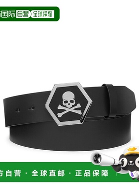 自营philipp pleinLeather Belt Skull - black/nickel 美国奥莱