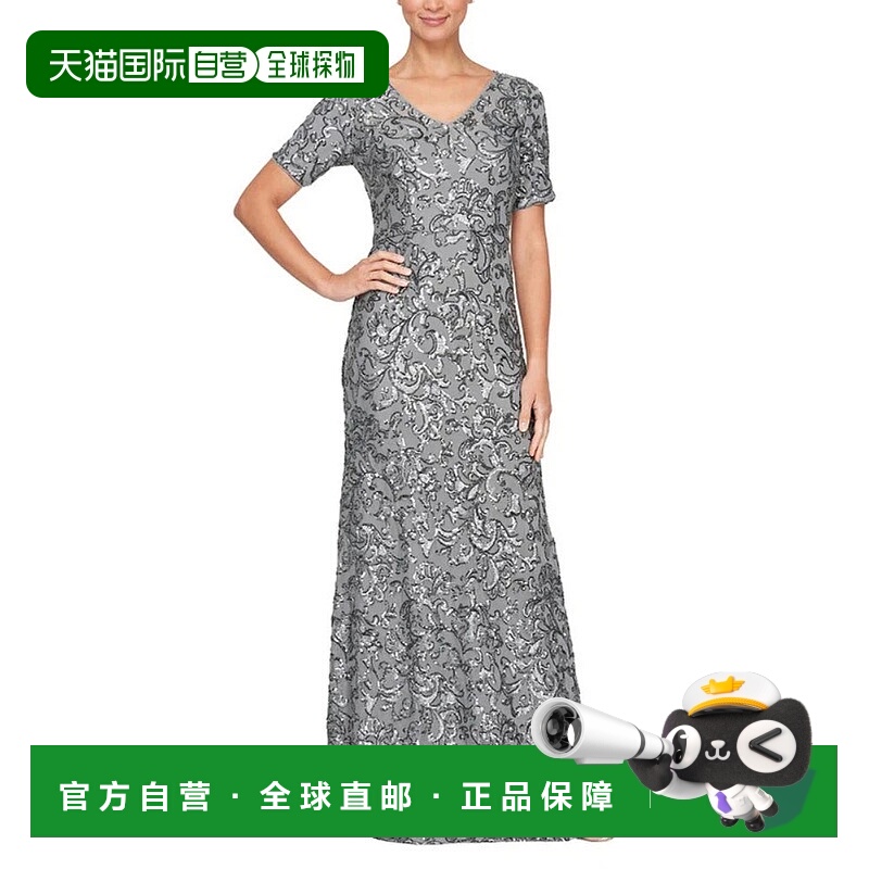 自营Alex Evenings Maxi Dress Women's Gunmetal Sequin Embroid