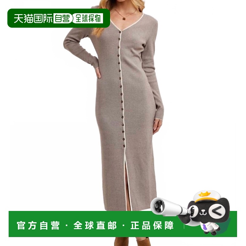 自营bluivyV-Neck Button Down Striped Midi Dress In Cocoa - c