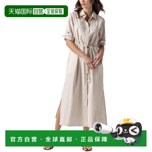 自营Lilla P Striped Maxi Shirt Dress - brown 美国奥莱直发