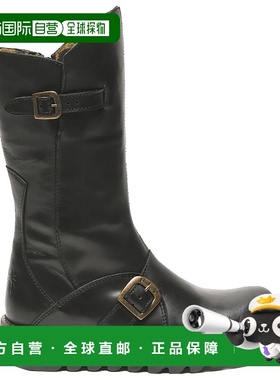 自营fly londonMES2913-女式楔形鞋跟带扣中小腿皮靴-黑色 美国奥