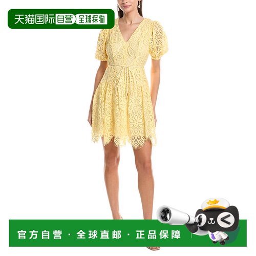 自营Anne Klein Puff Sleeve Guipure Lace Mini Dress - yellow