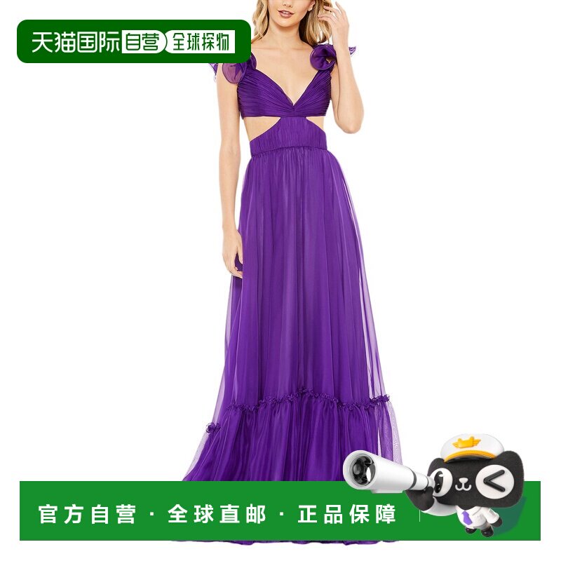 自营 Mac Duggal荷叶边袖侧边镂空连衣裙-紫色 美国奥莱直发蕾丝