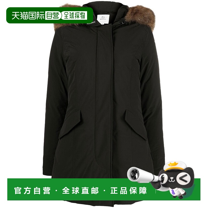 自营woolrich黑色隔热派克大衣，带毛皮镶边兜帽-黑色 美国奥莱直