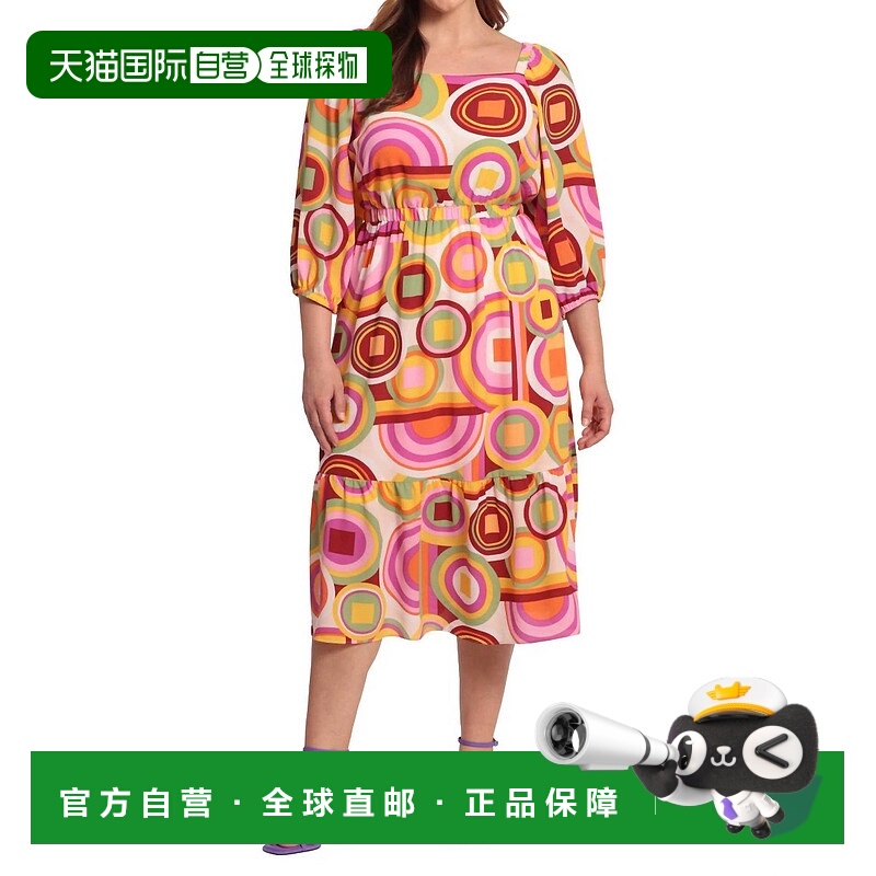 自营donna morganAbstract Print 3/4 Sleeve Midi Dress In Crea