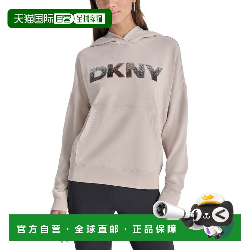 自营Dkny露肩连帽衫女式米色标志长袖套头衫FTS651-米色 美国奥莱