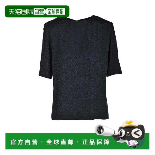 自营pinkoShort-Sleeved Black Blouse with Jacquard Pattern -