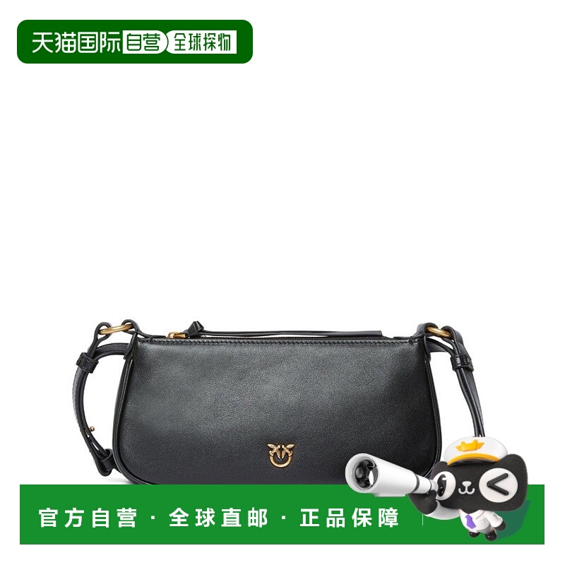 自营pinkoMinimalist Black Leather Shoulder Bag With Gold-Ton