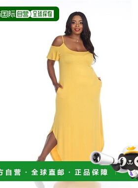 自营 white mark白色Mark Lexi Maxi连衣裙女式芥末色冷肩弧形下F