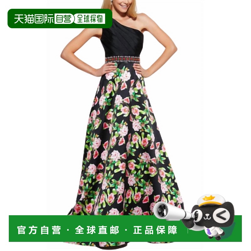 自营mac duggal单肩花卉舞会礼服（黑色多色） - 黑色多色 美国奥