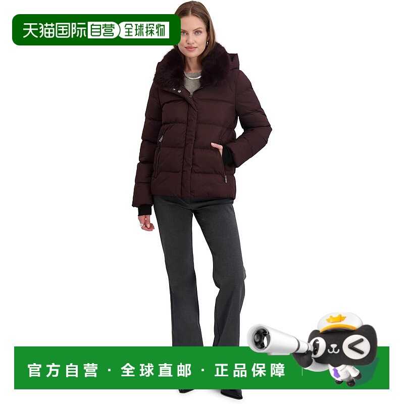 自营TAHARI Women's Short Quilted Puffer Jacket with Faux Fur