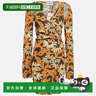自营Nanushka Orange Floral Print Crepe Cut-Out Mini Wrap Dre