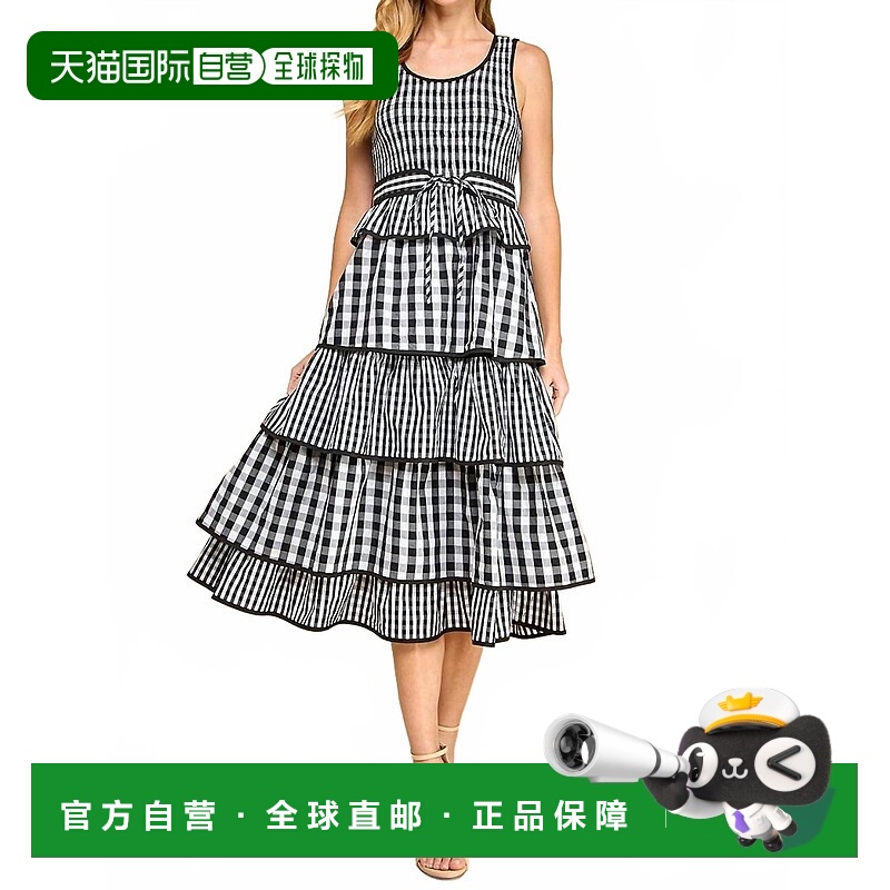 自营tcecGracen Gingham褶边连衣裙黑色/白色-黑色/白色 美国奥莱