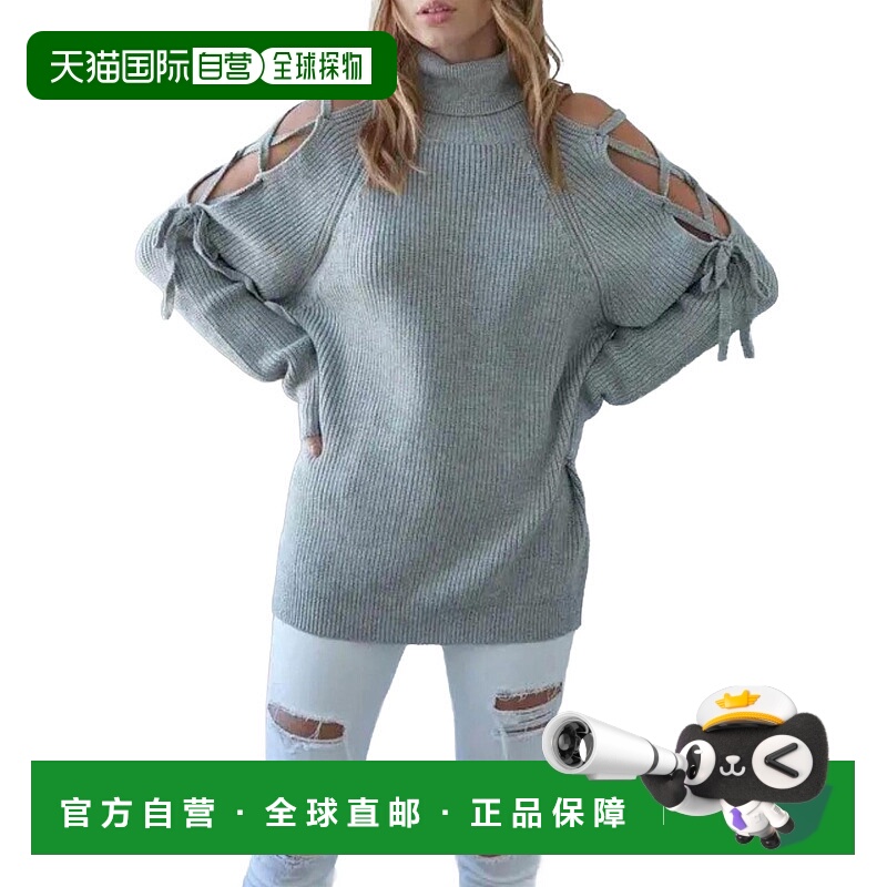 自营 j.nna麻灰色系带肩部毛衣-麻灰色 美国奥莱直发高领