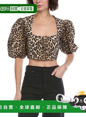 自营GANNI Printed Cropped Blouse - Brown 上衣美国直发奥莱