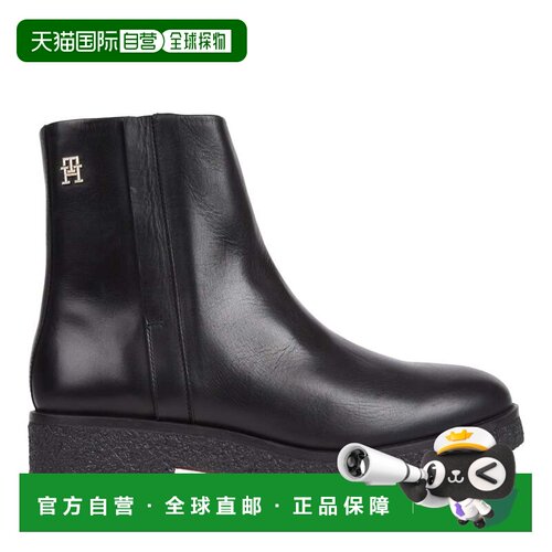 自营tommy hilfiger黑色皮革绉纹纹理鞋底靴子-黑色 美国奥莱直发