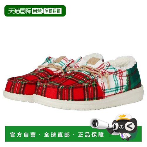 自营Youth Hey Dude Wally-78Q Red White Plaid Moc Toe Slip On