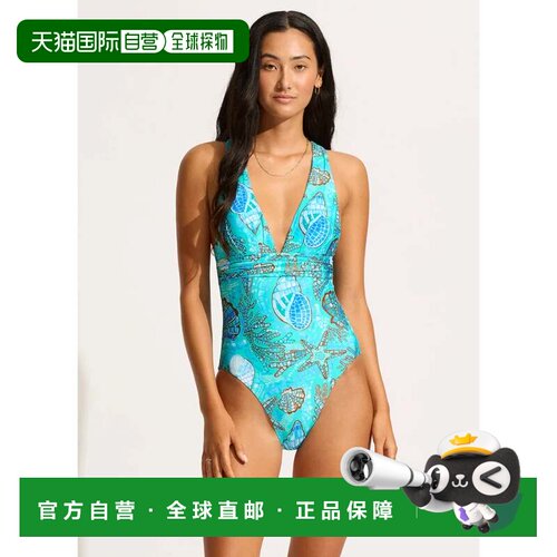 自营Seafolly La Mer泳装女式蓝色印花Crossback一件海滩GBO2444-