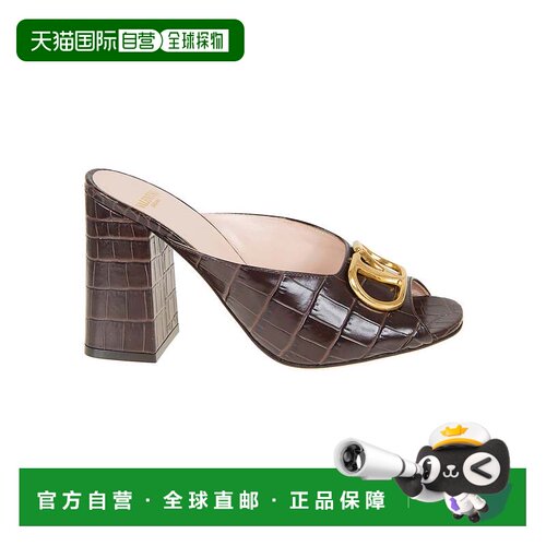 自营valentino garavani鳄鱼纹压花小牛皮拖鞋，饰有VLogo-棕色