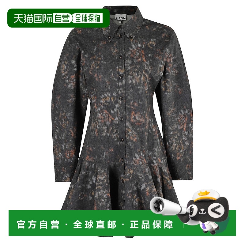自营ganniPrinted Stretch Cotton Buttoned Dress - grey 美国奥