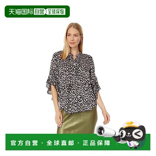 JDM135 自营 黑色小动物印花徽章褶边袖 Camuto上衣女式 黑s Vince