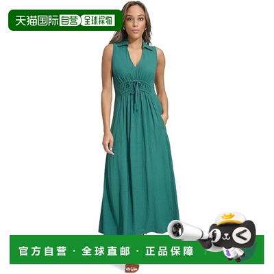 自营Calvin Klein纱布连衣裙女绿色rupped无袖衣着预科生ASM59-绿