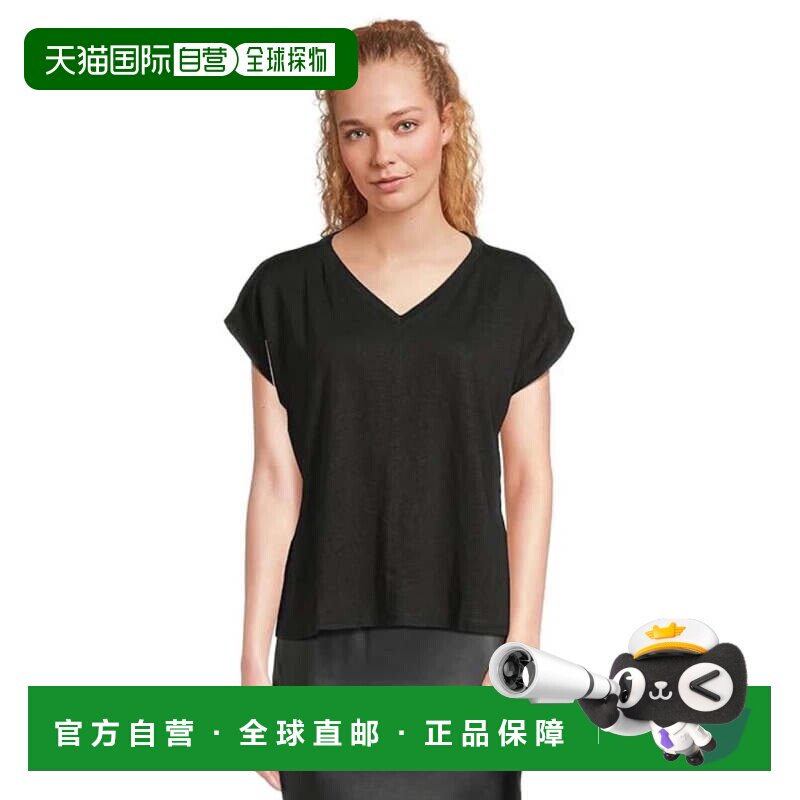 自营Eileen Fisher t恤女士黑色有机亚麻帽袖v领JDM2556-黑色 美