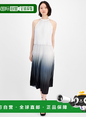 自营 T Tahari Midi连衣裙女式黑白暗褶无袖FTS1371-黑色 美国奥