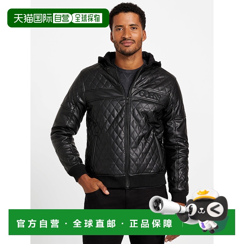 自营guessPan Hooded Faux-Leather Jacket - black 美国奥莱直发