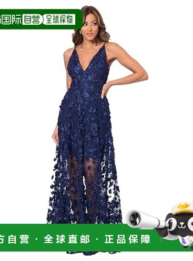 自营Xscape Dress Women's Navy Floral Soutache Mesh V-Neck Pa