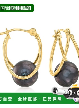 自营 Ross-Simons 14 克拉黄金 8-9 毫米黑色养珠双圈耳环 黑色
