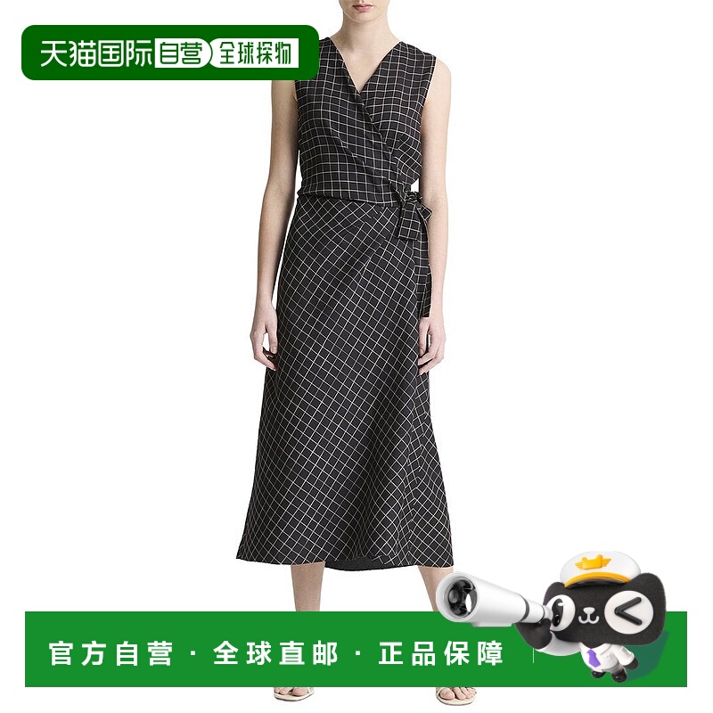 自营Vince Trellis Plaid Sleeveless Drape Wrap Dress - black