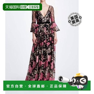 黑色 自营 领碎花礼服 美国奥莱直发长裙 marchesa黑色喇叭袖