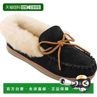 自营 Minnetonka Alpine Slipper女式黑色绒面羊皮拖鞋Moccasin J