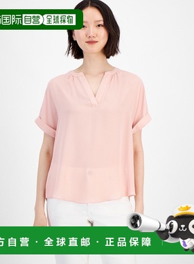 自营 T Tahari女式天堂短袖卷袖分领套头衫FTS1227-粉红色 美国奥
