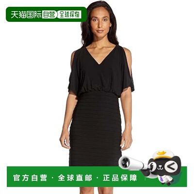 自营Adrianna Papell连衣裙黑色串珠褶饰冷肩v领JZZ170-黑色 美国