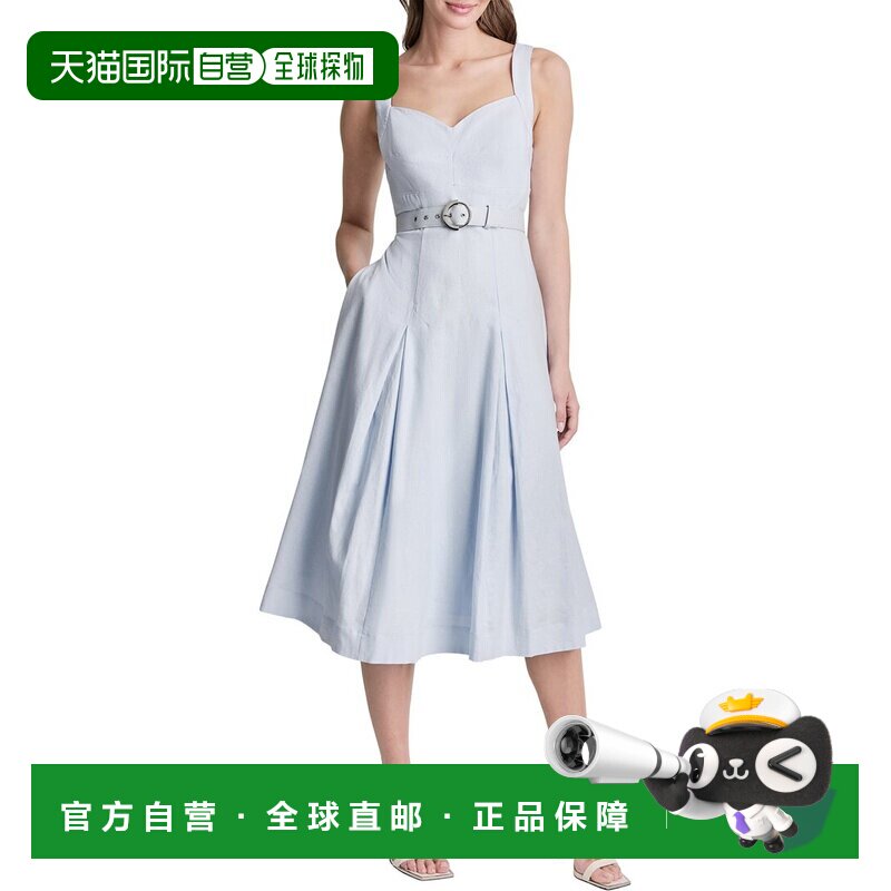 自营DKNY亚麻混纺中长款连衣裙-蓝色 美国奥莱直发吊带