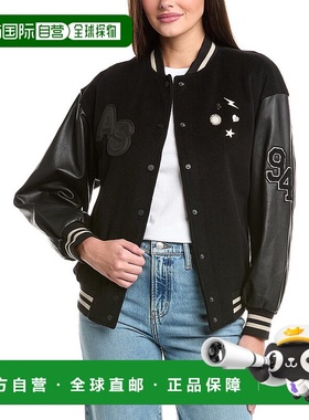 自营 all saintsAllSaints Valeria皮革袖羊毛混纺运动夹克-黑色