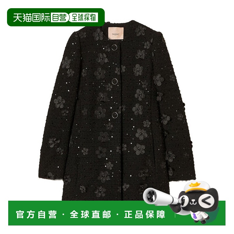 自营twin-setTextured Black Coat With Floral Appliques - blac