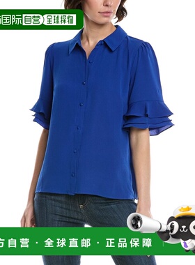 自营CeCe 3/4-Sleeve Button Front Collared Top - blue 美国奥
