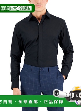 自营Alfani正装衬衫男式黑色常规修身长袖纽扣正装FTS325-黑色 美