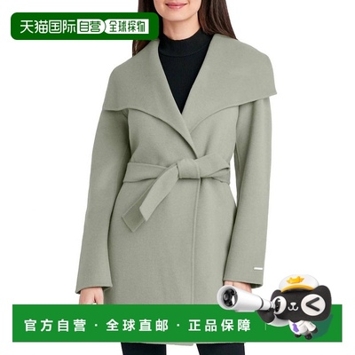 自营 t tahari女士系带腰带翼领羊毛裹身大衣（鼠尾草色）- sage