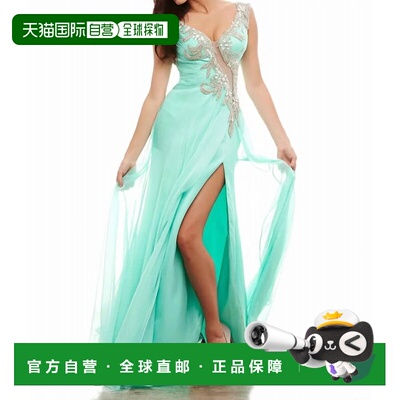 自营mac duggalEmbellished Slit Gown In Turquoise - turquoise