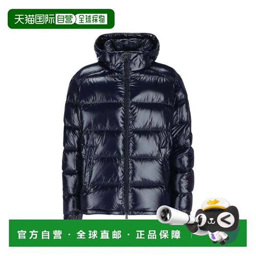 美国直邮自营herno连帽羽绒夹克，有光泽的海军蓝饰面和水平绗缝