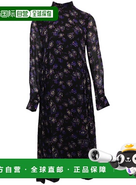 自营 Ganni印花Georgette Midi黑色粘胶纤维连衣裙-黑色 美国奥莱