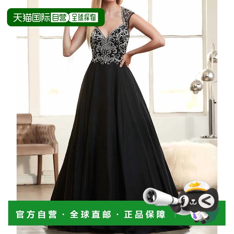 自营 mac duggal黑色盖袖串珠舞会礼服 - 黑色 美国奥莱直发
