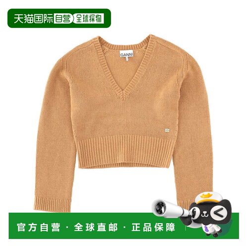 自营ganniBeige Cropped V-Neck Sweater - brown 美国奥莱直发